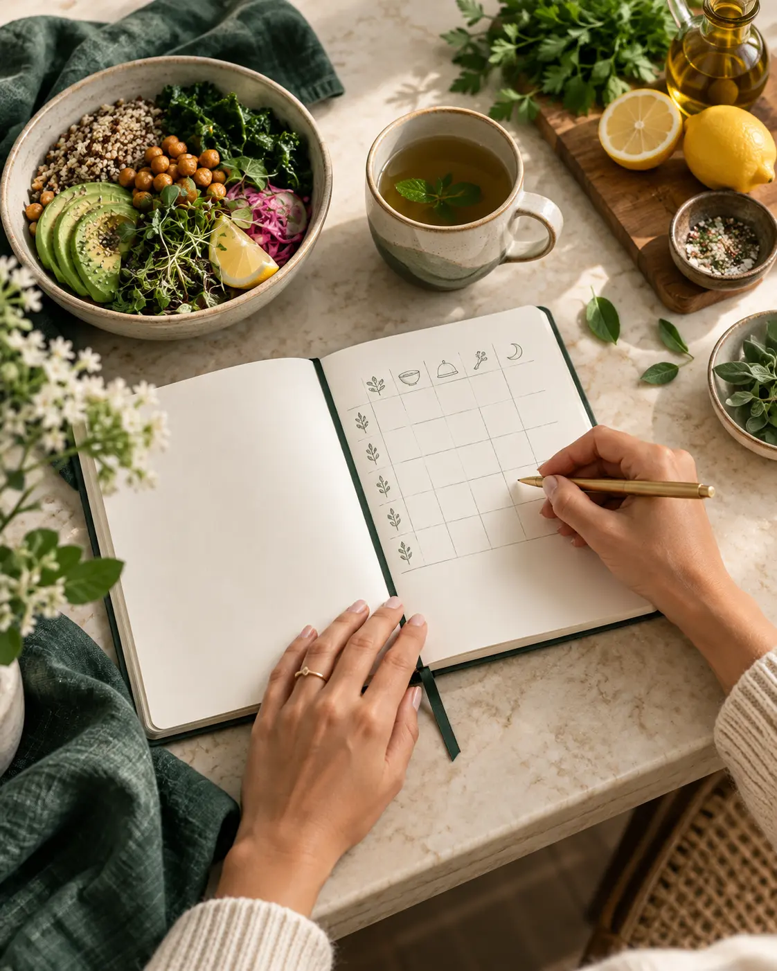 Planificación consciente de alimentos nutritivos e infusión