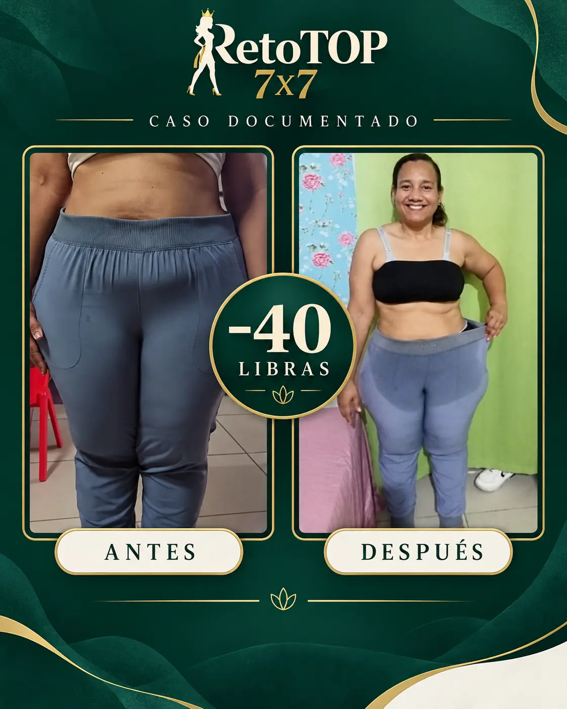Comparación de un caso documentado de RetoTOP 7x7: antes y después, con 40 libras reportadas